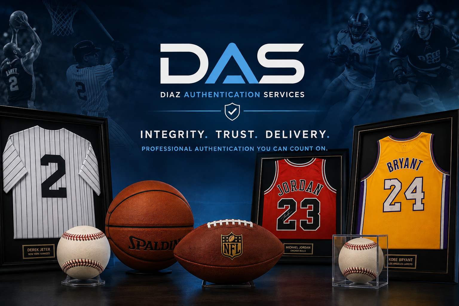 Signed jerseys, a basketball and a football, with the words integrity, trust, delivery, and the line professional authentication you can count on.